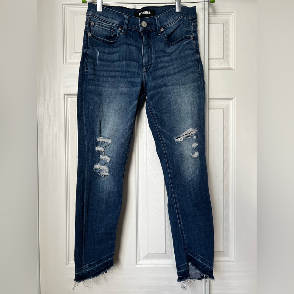 4/$25 Express Stretch Dark Blue Distressed Cropped Leggins MID RISE Size 4